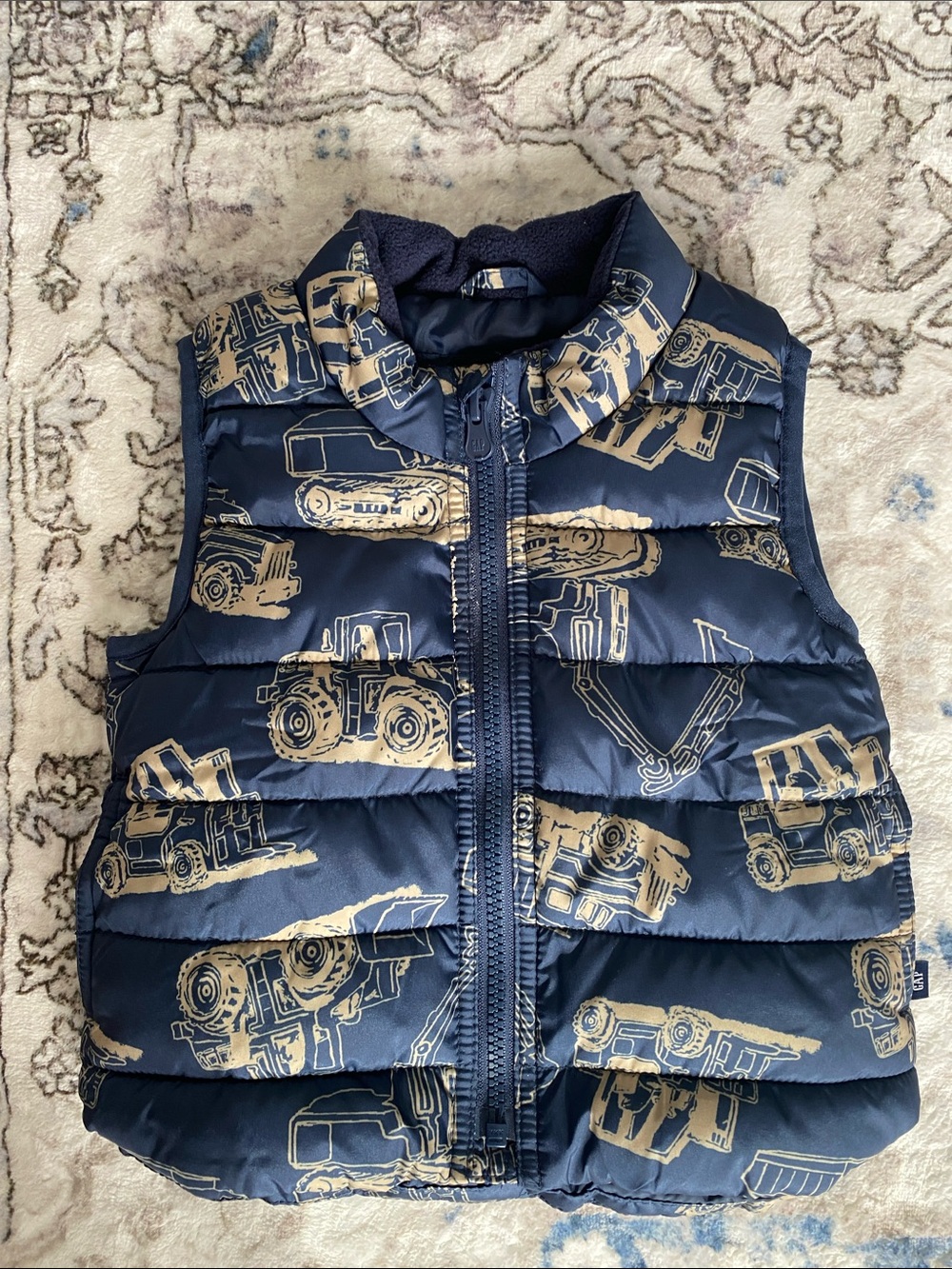 Like New! Baby Gap Navy Kids Puffer Vest with Tan Construction Truck Print